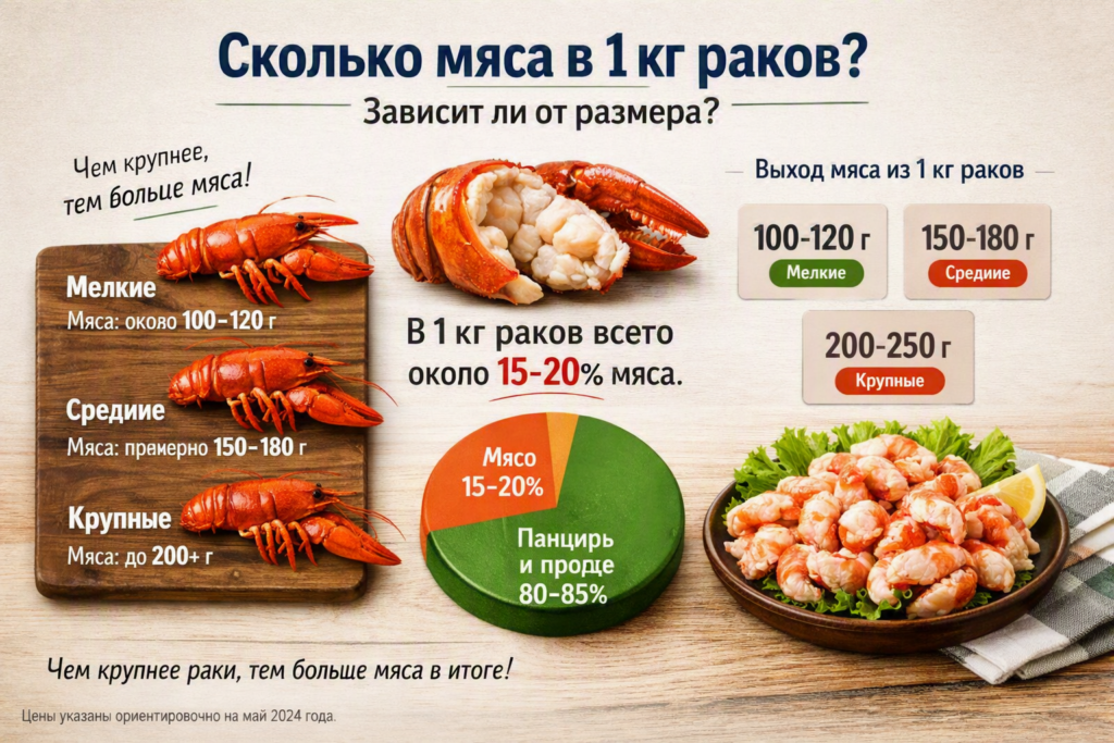 сгенерируй изображение на тему Сколько мяса в 1 кг раков? Зависит ли это от размера