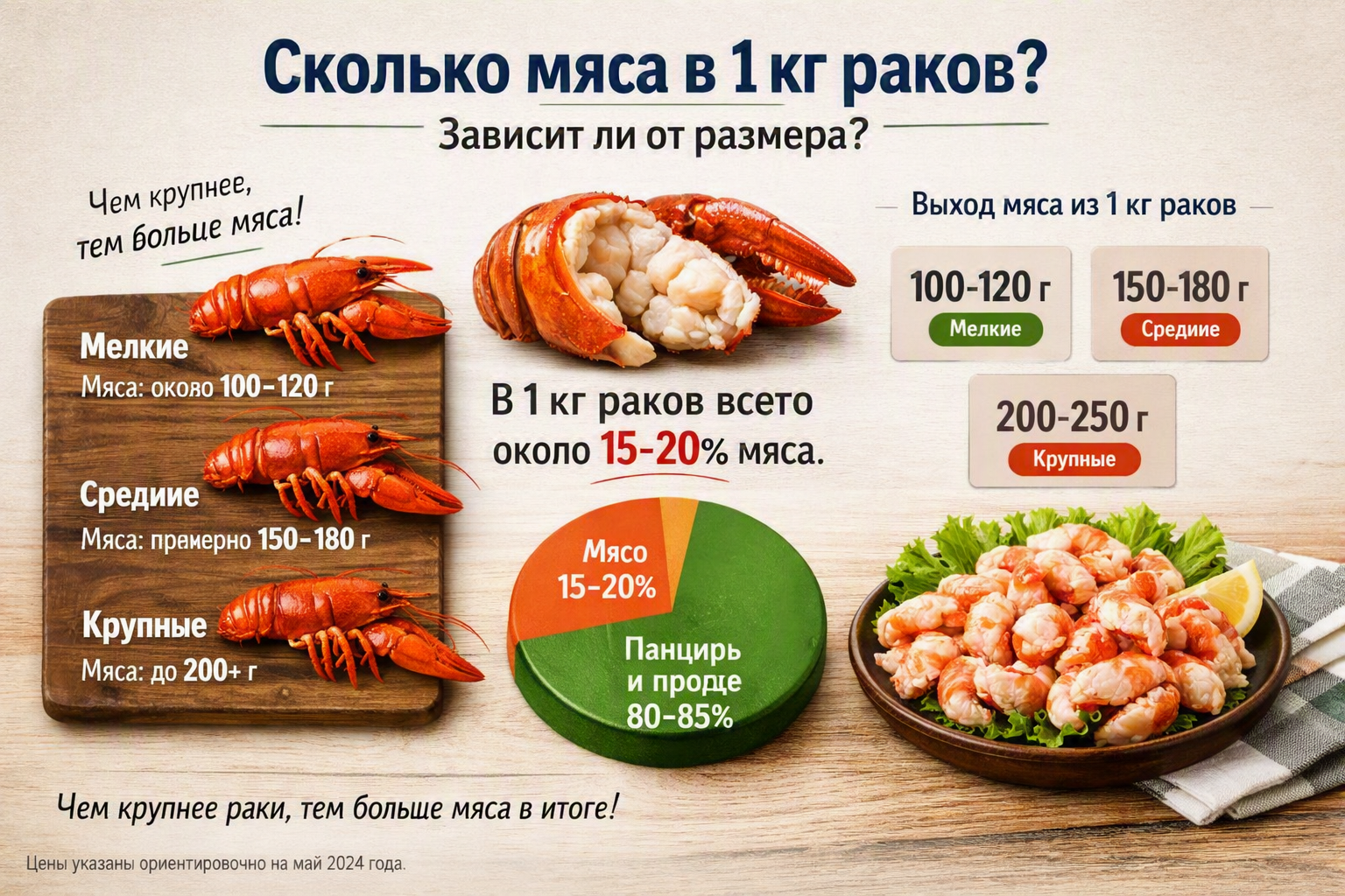 сгенерируй изображение на тему Сколько мяса в 1 кг раков? Зависит ли это от размера
